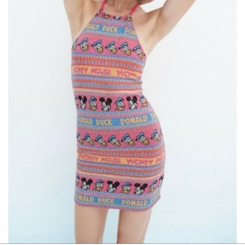 Pink Mickey & Donald Patterned Halter Bodycon Dress